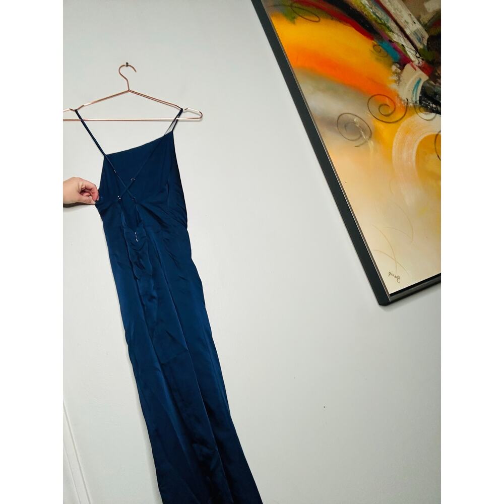 MILLY Dark Blue Satin Asymmetrical Electra Adjustable Straps Slip Dress Size 0 - Picture 7 of 13